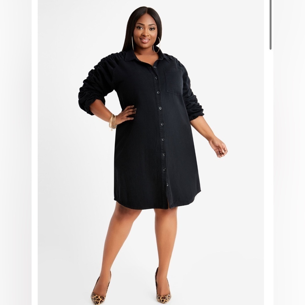Ashley Stewart Ruched Sleeves Black Denim Cotton Shirtdress Size 12